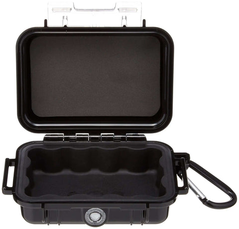 Crushproof Micro Hard Case For Smartphones And Tech Gear Sleek Black Shell Watertight Locking Latches Dustproof Shield open view with foam interior.