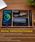 Acacia Wood Leather Valet Tray With Charging Port Multi Space Desk Organizer holding phone, watch, glasses, keys, and pen.