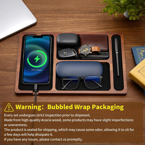 Acacia Wood Leather Valet Tray With Charging Port Multi Space Desk Organizer holding phone, watch, glasses, keys, and pen.