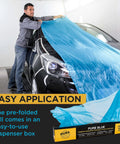 Man covering car with Blue Protective Masking Film Cover For Painting Projects Overspray Shield Paintable Plastic Sheeting Roll 20 Feet By 250 Feet 10 Micron Thin Electrostatic Cling Auto And Home Painting Protection For DIYers.