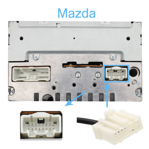 Rear view of Mazda radio panel with connectors for Wireless Hands Free Bluetooth Car Kit With USB AUX Port And Three Point Five Millimeter Audio Jack Built In Microphone Clip On Design Bluetooth Five Oh Crystal Clear Calls Steering Wheel And Radio Panel Controls Compatible With Mazda RX8 RX7 CX7 MPV MX5.