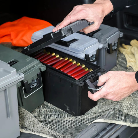 Hands opening Lockable Stackable Ammo Storage Box For Home Range And Outdoor Use Made In USA Fits 30 Caliber 9mm 5.56 And More