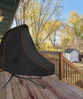 Steel Stand Hammock Chair Cover Waterproof Outdoor 420D Oxford Fabric Shield fitted on curved hammock on patio in autumn
