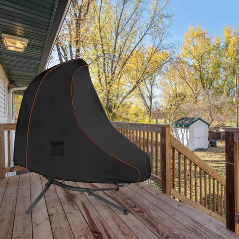 Steel Stand Hammock Chair Cover Waterproof Outdoor 420D Oxford Fabric Shield fitted on curved hammock on patio in autumn