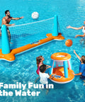 Inflatable Pool Volleyball And Basketball Game Set With Net And Hoops, 2 In 1 Floating Pool Toy For Kids And Adults in use in pool