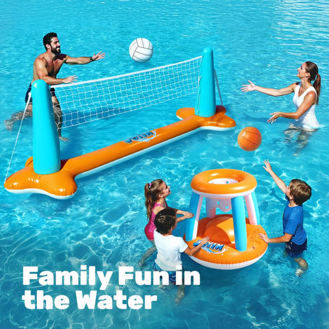 Inflatable Pool Volleyball And Basketball Game Set With Net And Hoops, 2 In 1 Floating Pool Toy For Kids And Adults in use in pool