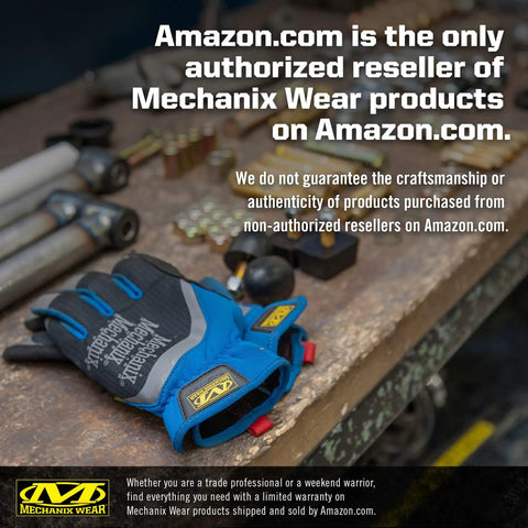 Mechanix Wear gloves displayed on a workbench with a disclaimer about authorized resellers and quality assurance on Amazon.com