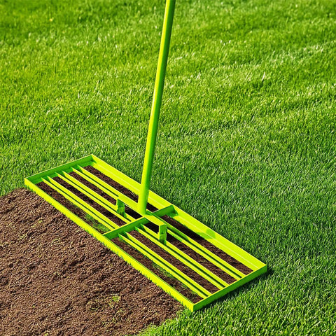 Pro Grade Stainless Steel Lawn Leveling Rake With Adjustable 30 To 74 Inch Handle Anti Flipping Design on green lawn