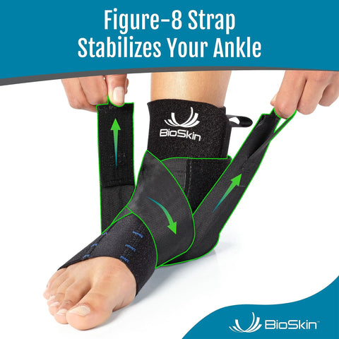 AFTR Ankle Compression Brace Snug Fit For Sprained Ankles and Post Injury Support showing figure-8 strap on foot