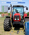 Pro Grade 12V 200W Diesel And Kerosene Electric Fuel Transfer Pump Kit with hoses and nozzle connected to red tractor and blue barrel