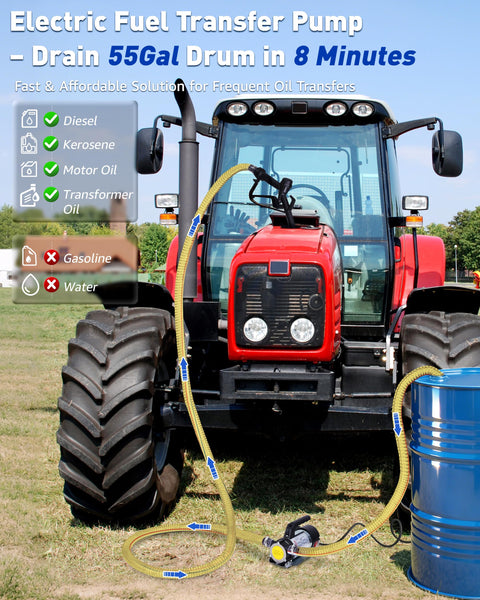 Pro Grade 12V 200W Diesel And Kerosene Electric Fuel Transfer Pump Kit with hoses and nozzle connected to red tractor and blue barrel