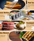 All In One Flat Top Griddle Accessories Kit with enlarged spatulas shown cooking fish and other BBQ tools including squeeze bottles.