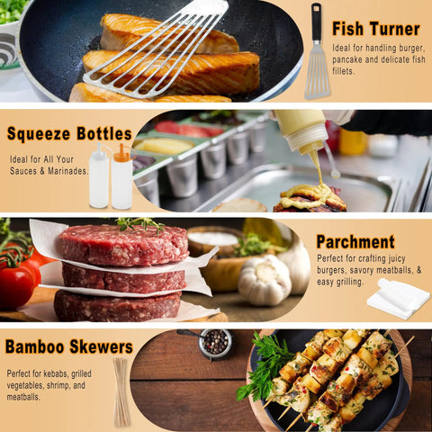 All In One Flat Top Griddle Accessories Kit with enlarged spatulas shown cooking fish and other BBQ tools including squeeze bottles.