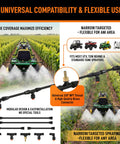 Wide Coverage Boom Sprayer Wand With Four Nozzles for Lawn Big Yard and Farm Use shown on ATV in vineyard, brass fittings visible.