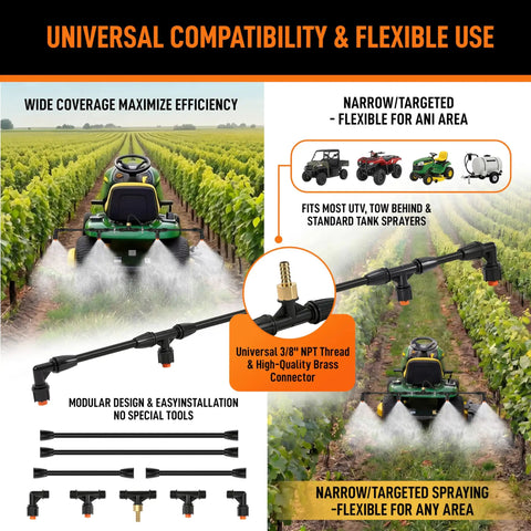 Wide Coverage Boom Sprayer Wand With Four Nozzles for Lawn Big Yard and Farm Use shown on ATV in vineyard, brass fittings visible.