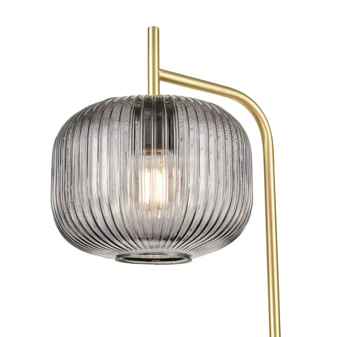 Etched Glass Floor Lamp With Brushed Brass Finish Smoke, Retro Vibe Meets Mid Century Modern Style, detailed view of lamp head
