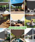 Collage of Mocha 6 Ft By 12 Ft Sun Shade Cloth For Pergola And Patio, 90 Percent UV Block, Privacy Screen With Grommets, applications in different outdoor settings.