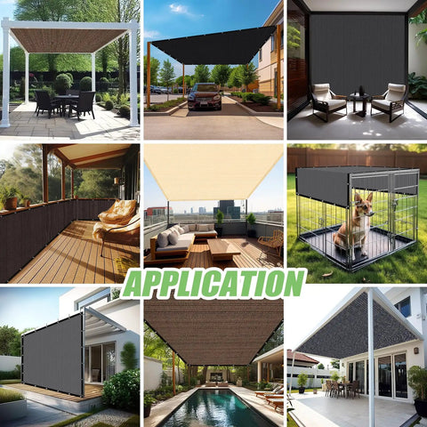 Collage of Mocha 6 Ft By 12 Ft Sun Shade Cloth For Pergola And Patio, 90 Percent UV Block, Privacy Screen With Grommets, applications in different outdoor settings.