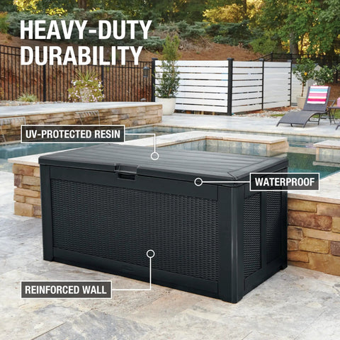 Extra Large Resin Outdoor Storage Deck Box 134 Gallon Capacity Weather Resistant Black Tough Yard Organizer by poolside