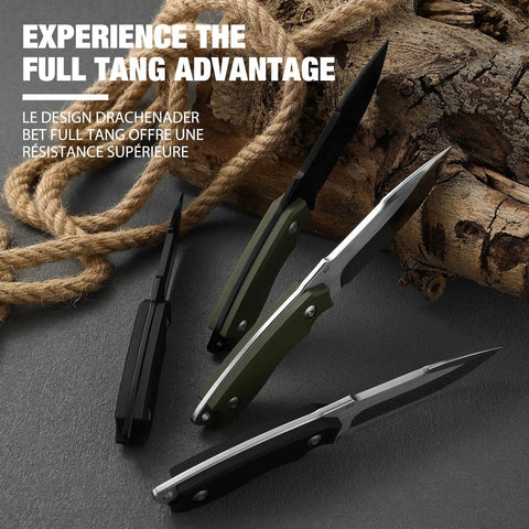 EDC Fixed Blade Knife with Kydex Sheath 7 Inch D2 Steel displayed with full tang and tactical clip lock handles