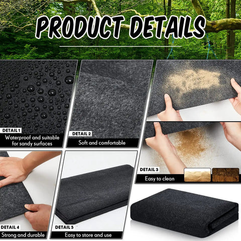 Product details of Outdoor Shed Floor Mat 6 By 8.2 Ft Waterproof Nonslip Rug, showing waterproof material and easy cleaning features.