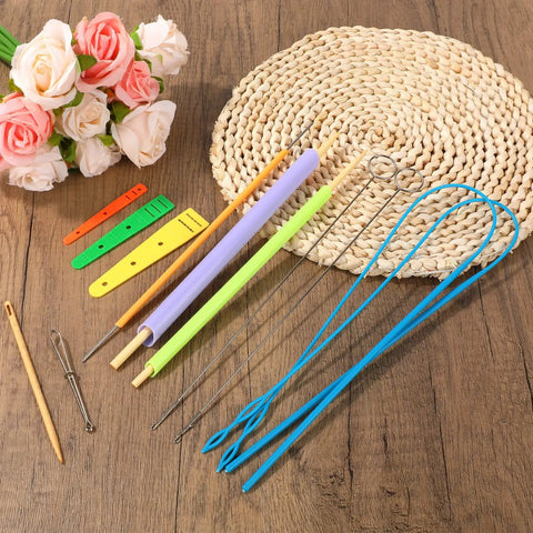15Pcs Quick Turn Fabric Set For No Fuss Tube Turning Easy Peasy DIY Sewing Quilting And Patchwork Multifunctional Tube Turner Tool Kit For Threading Garment Making Home Decor Projects displayed on a wooden table with colorful tools and accessories.