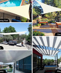 Collage of 12 Ft By 12 Ft By 12 Ft Sun Shade Sail in sand color over patio, garden, swimming pool, balcony, and pergola settings.