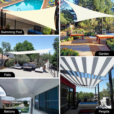 Collage of 12 Ft By 12 Ft By 12 Ft Sun Shade Sail in sand color over patio, garden, swimming pool, balcony, and pergola settings.