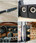 Collage of a black-handled knife, black speaker set, vintage car dashboard, and wall-mounted pressure gauge.
