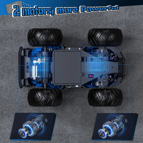 Top view of blue All Terrain Remote Control Car for kids, showing dual motors, 1:20 scale size, sturdy off-road design.