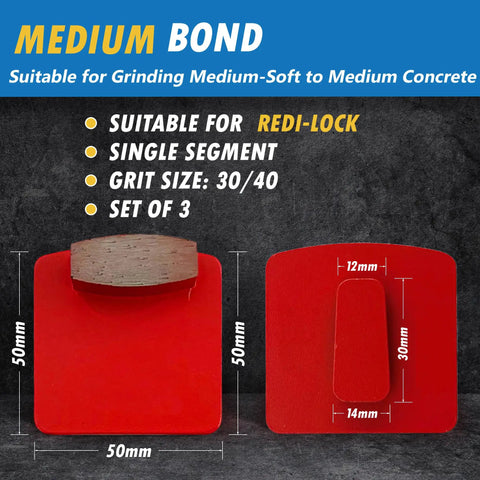 Redi Lock Concrete Grinding Discs Set Of 3 Medium Bond 30 40 Grit Wet Or Dry Use Fits Husqvarna Walk Behind Grinders PG 280 400 450 530 680 820 Pro Grade, Long Lasting Diamond Metal Bond with dimensions shown.