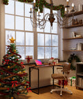 Cozy room with Grab-And-Go Foldable Desk With A 31.5 Inch Wood Top, holiday decor, and a snow-covered window view.