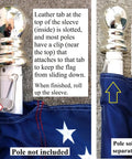 Close-up of 3x5 Ft American Flag Nylon SolarMax with Embroidered Stars and Sewn Stripes showing pole sleeve and leather tab.