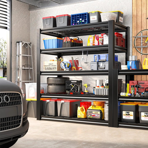 Heavy Duty 5 Tier Metal Garage Shelving Unit With 3200 Lbs Capacity Monster Storage Space Adjustable Industrial Storage Shelves For Garage Basement Pantry Warehouse 36W X 16D X 72H filled with tools and boxes