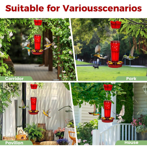 Two Pack Glass Hummingbird Feeders, 14 Ounce Capacity, Five Feeding Ports, Wide Mouth For Easy Filling And Cleaning, Outdoor Hanging Garden Decor, Leak Proof Gasket, Includes Ant Moat, Red