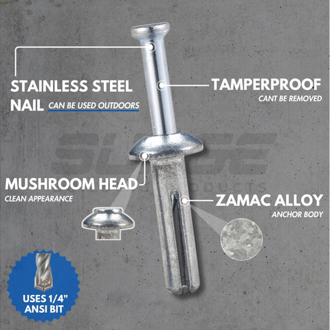 1/4 Inch By 1-1/2 Inch Stainless Hammer Drive Nail In Concrete Anchor With 304 Stainless Steel Nail, Mushroom Head Anchor