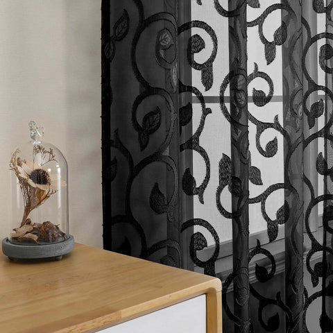 Black Sheer Curtains 90 Inch Long Two Panel Set, Light Filtering Semi Sheer Jacquard Farmhouse Window Panels, 52x90 Inches Each