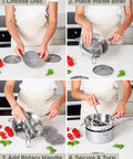 Steps to assemble Ergonomic Hand Crank Food Mill With 3 Stainless Steel Discs for food preparation in kitchen setup