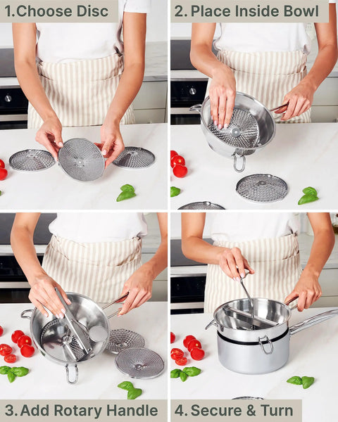Steps to assemble Ergonomic Hand Crank Food Mill With 3 Stainless Steel Discs for food preparation in kitchen setup