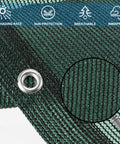 Close-up of 3x10 Patio Privacy Screen For Balcony And Fence Cover Railing Netting Mesh Shade Fabric detail with grommet, green.