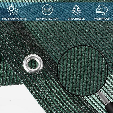 Close-up of 3x10 Patio Privacy Screen For Balcony And Fence Cover Railing Netting Mesh Shade Fabric detail with grommet, green.