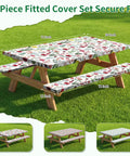 No Fuss All In One Picnic Table Cover Set With Bench Covers And Carry Bag For Outdoor Camping Waterproof 72x30 Inch Table Cover And 12x72 Inch Bench Covers Fits 6 Foot Rectangular Tables And Seats in floral design on wooden table