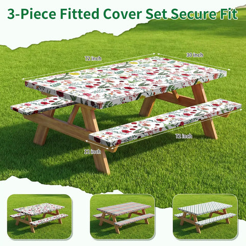 No Fuss All In One Picnic Table Cover Set With Bench Covers And Carry Bag For Outdoor Camping Waterproof 72x30 Inch Table Cover And 12x72 Inch Bench Covers Fits 6 Foot Rectangular Tables And Seats in floral design on wooden table