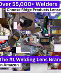 Shade 5 To 13 Adjustable Gold Auto Darkening Welding Lens With Deep Blue Weld View, Nine Lenses In One For MIG TIG Arc Welding, Gold Front, Heavy Duty Pro Grade Gear For Clear Sight, Sized At 2 By 4.25 By 0.33 Inches, collage of usage illustrations.