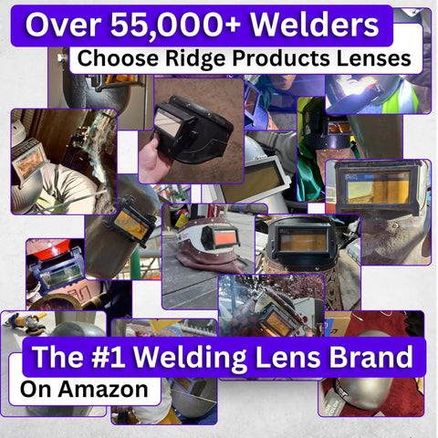Shade 5 To 13 Adjustable Gold Auto Darkening Welding Lens With Deep Blue Weld View, Nine Lenses In One For MIG TIG Arc Welding, Gold Front, Heavy Duty Pro Grade Gear For Clear Sight, Sized At 2 By 4.25 By 0.33 Inches, collage of usage illustrations.