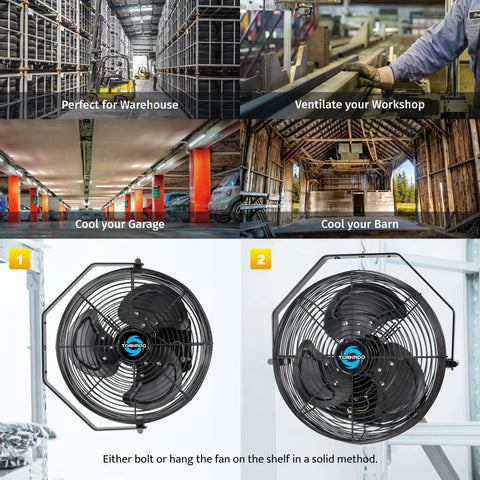 Beefy Outdoor Wall Mounted Fan Weatherproof IPX4 12 Inch High Velocity Metal Fan with 3 Speed Settings in warehouse and barn.