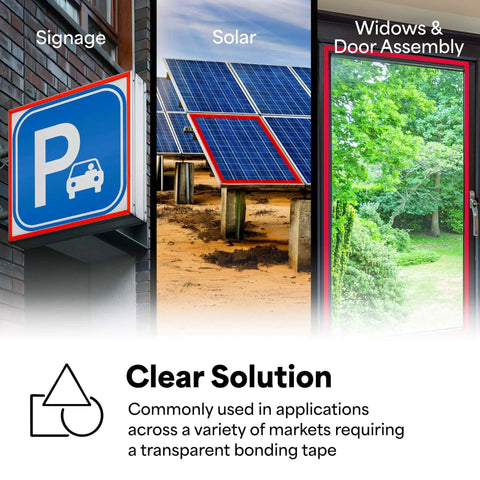 Applications of Heavy Duty Mounting Tape 4910 Clear on signage, solar panels, and window assemblies.
