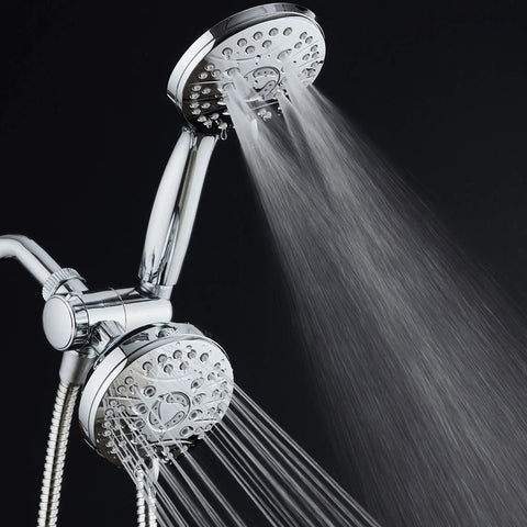 High Pressure 48 Mode Luxury 3 Way Shower Combo with Dual Rain and Handheld Shower Head in chrome finish, spraying water