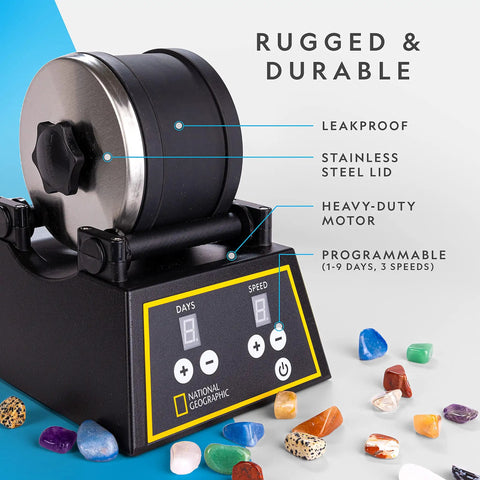 Pro Rock Tumbler Kit For Adults And Kids With Durable 2 Lb Barrel, showcasing leakproof barrel and polished gemstones