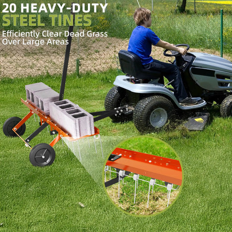 40 Inch Orange Tow Behind Dethatcher With 24 Spring Steel Tines For Removing Thatch Leaves And Needles From Large Lawns Heavy Duty Pull Behind Lawn Rake